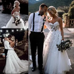 Schatz Hals Sweep Zug Eine Linie Brautkleider Brautkleider T￼ll ￤rmellose Perlen Hochzeitskleid mit handgemachten Blumen