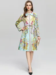 Casual Dresses Moaayina Fashion Runway Dress Autumn Winter Women's Turn-Down Collar Single-Breasted Vintage Flower Print Party