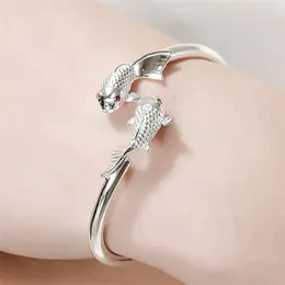 Bangle Free Sent Bead Bracelet Pure S925 Silver Solid Carved Carp Lotus Lucky Lovers Adjustable