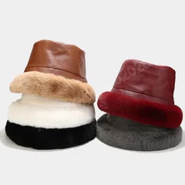 Winter Bucket Hats Women PU Leather Thick Warm Fisherman Cap Imitation Rabbit Fur Windproof Panama Hat Fashion Accessories