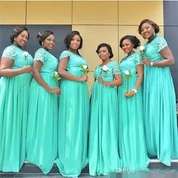 2021 Turquoise Bridesmaid Dresses Short Sleeves Lace Jewel Neck Floor Length Chiffon Ruched Custom Made Plus Size Maid Of Honor Gowns 401 401