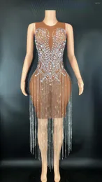 Casual Dresses Chocolate Colour Shining Diamonds Long Tassels Sleveless Bodycon Dress Celebrity Fashion Birthday Party