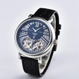2021 New Men Watch Orologio di Lusso 자동 시계 검은 골격 다이얼 Leatcher Band 44mm de un reloj para hombre relojes221a
