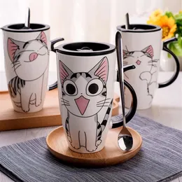 Nova caneca de cerâmica de gato criativo de 600 ml com tampa e colher de desenho animado leite de café xícara de porcelana canecas de porcelana Nice Gifts2543
