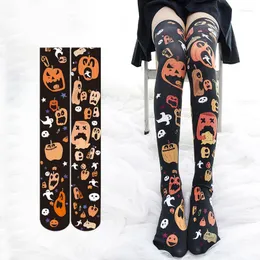 Calze da donna Ragazze giapponesi Collant sopra il ginocchio Lolita Anime Big Pumpkin Halloween Cosplay Cartoon Pattern Calze di velluto stampate Ly