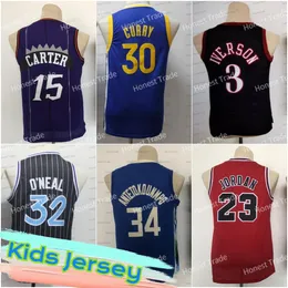 Kids Basketball Jersey 34 Giannis Shaq Carter Allen Iverson Luka Curry Doncic Harden Stitched White Blue Black Retro Youth Stitched Jerseys Gifts For Children Fans