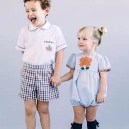 의류 세트 2022 스페인 옷 세트 아기 소년 셔츠 반바지 복장 2pcs 유아 여자 자수 장난 꾸러기 유아 생일 파티