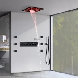 Mattschwarzes 5-Funktionen-Duscharmaturen-Regenwasserfall-Thermostat-Duschset mit hohem Durchfluss