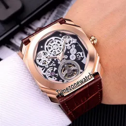 Nytt Octo Finissimo Tourbillon 102719 BGO40PLTBXTSK Skeleton Automatic Mens Watch Rose Gold Case Brown Leather Strap New Watches Ti205l