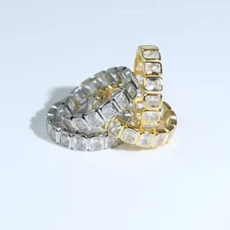 100% real 925 Sterling Silver Silver Ring Ring pavimentado quadrado c￺bico zirc￣o cz pedra para mulheres j￳ias de anel de noivado de casamento