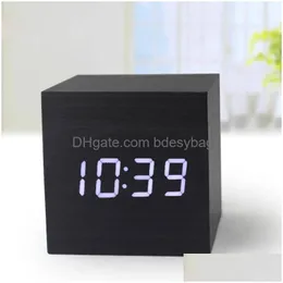 Desk Table Clocks Wooden Cube Clock Modern Led Display Usb Voice Digital Alarm Despertador Luminous Control Drop Delivery Home Gar Dhc8N