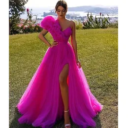 2023 Sexy Side Split Pink Prom Dresses Long One Shoulder Tulle Special Ocn Dress Cheap A-Line Evening Party Engagement Gowns 328 328