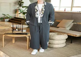 日本スタイルのメンコットンリネンスーツルーズビンテージストリートウェアプラスサイズの男性スプリングニューコモノシャツワイドレッグパンツ2 PCSセット19557958