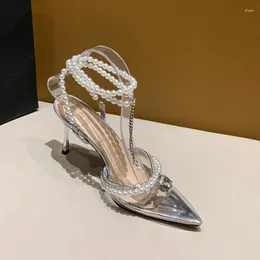 Elbise ayakkabıları yaz kadınlar inciler t-kayış örgülü kemer tokası 8.5 cm stiletto yüksek topuklu sandalet bayan gümüş temiz