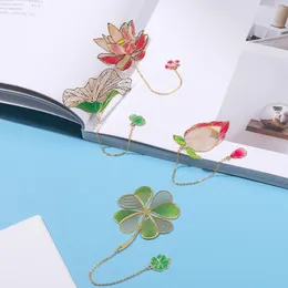 Chinese Style Metal Hollow Painted Bookmark Lotus Leaf With Chain Creative Stationery Holiday Gifts Art Accessories