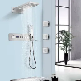 Thermostat-Digitalanzeige, Duschsystem-Set aus gebürstetem Nickel, 55,9 x 25,4 cm, Duschkopf, Badezimmer, Wasserfall, Regen