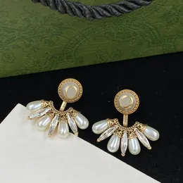 Luxus-Perlen-Diamant-Charme-Ohrringe, ineinandergreifende Buchstaben, Ohrhänger, Damen-Strass-Bolzen, fächerförmiger Kristall-Anhänger mit Box