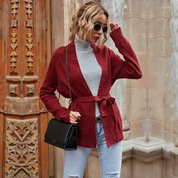 Women's Knits Women's Wine Red Sweaters Cardigans With Belt Fashion Fall 2022 Knitted Coat For Ladies Long Sleeve Autumn Clothing