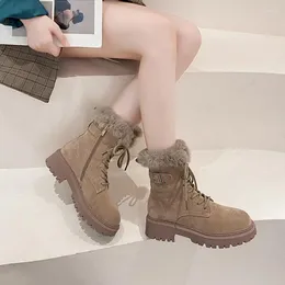 Boots Women Snow Fashion Lace Up Platform أحذية سيدات جولة إصبع القدم على طراز الكاحل 2022 Winter Plush Warm Botas Mujer