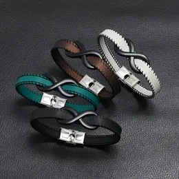 Pulseiras infinitas para homens, design de moda, preto, símbolo de 8 números, pulseira de couro pu, acessórios de joias, marrom, verde, pulseiras simples de aço inoxidável, presentes