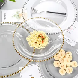 Gold Bead Decorative Dinner Plate European Modern Clear Glass Steak Pasta Plate Serving Tray Home Kitchen Cutlery