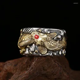 Cluster Rings Golden Koi Pisces Ring Lucky Retro Thai Silver Men's Pull Finger Index Live Buckle Male