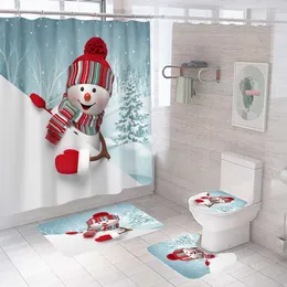 Shower Curtains Snowman Bath Curtain Waterproof 3D Christmas Mat Set Toilet Rugs Comfortable Anti-slip Carpet With Hooks