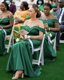 2023 Dark Green Sexy Arabic Long Bridesmaid Dresses For Weddings Off Shoulder Mermaid Party Sweep Train Maid Honor Gowns Elastic Satin Cap Sleeves