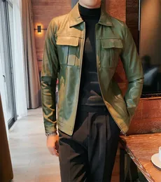 Faux Leather Jacket Men Осенние куртки корейская тонкая зеленая тенденция Casual7666153
