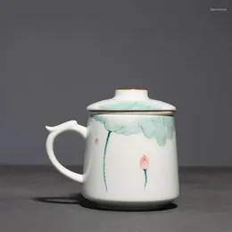 Tazze Tazza da tè moderna dipinta a mano in loto verde Tazza da acqua semplice per ufficio in ceramica con filtro Regalo aziendale