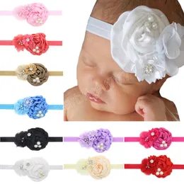 Elastiska babyflickor Rose Flower pannband Chiffon Ribbon Floral med pärla nyfödda spädbarn barn hårtillbehör gåvor