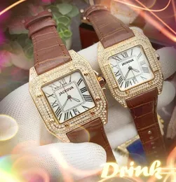 para kwarcowa moda męskie zegarki damskie auto data kwadrat rzymski diamenty pierścień obudowa zegarek oryginalny skórzany pasek słynny logo na rękę