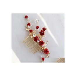 Bruiloft haar sieraden jonnafe rode roos bloemen kopstuk voor dames prom strass brugal comb accessoires handgemaakt x0625 drop leveren dhcym