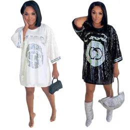 2024 Spring Bling Sequins Dresses Women Casual Crew Neck Hip Top Tunic Dress Free Ship