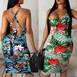 Casual Dresses Ladies Floral Shoulder Strap Mini Dress Sexy Sleeveless Backless Tight-fitting Hip Pencil Skirt Summer Beach Vacation