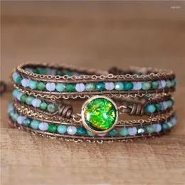 Charm Bracelets Multilayers 3 Strands Bling Green Crystal Teengirls Opal Beads Leather Wrap Bracelet Bohemian Jewelry Bijoux Drop