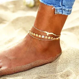 Anklets 3PCS/SET Gold Silver Color Metal Punk Classic Coin Pigeon Charm Anklet Multilayer Bohemian Simple Summer Beach Foot Jewelry