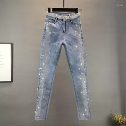 Kvinnors jeans Slim Rhinestone Stretch For Women 2022 Låg midja bantning Blue byxor Femme Croped Pencil Denim Pants Fashion