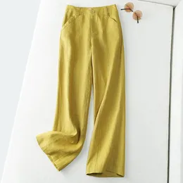 Calça feminina de algodão e linho macacão de linho 2022 Moda de verão elástica de cintura alta vertical tras