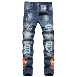 Мужские джинсы пламенные бикерные джинсы уличная одежда треснула плиссированная пластырь.