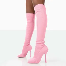 Top Boots New Square Toe Knitting Elastic Sock Women Sexy Stiletto High Heels Over The Kne Woman Spring Long Botas Plus Size 221213