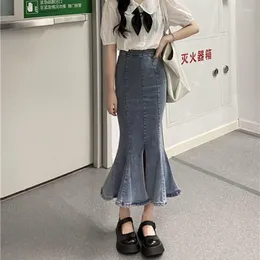 Skirts Spring And Summer Package Hip Fishtail Skirt Women's High Waist Cotton Elastic Skinny Girl Mid-Length Front Slit Denim