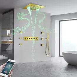 LED musik duschset Borstad guld termostatiskt regnduschsystem med kroppsstrålar