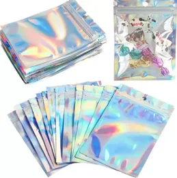 Resealable Smell Proof Bags Aluminum Foil Zipper Pouch Bag Holographic Packaging for Food Snack Candy Storage