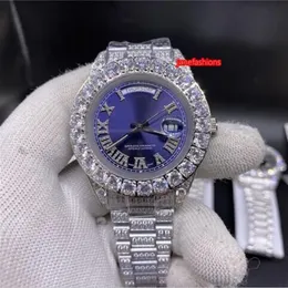 Prong Set Diamond Men's Fashion Watch Blue Face 43mm Silver Diamond Stainless Steel Strap High Quality Automatic Watch2391