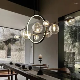 펜던트 램프 현대 라운드 링 레드 조명 검은 긴 극 유리 샹들리에 식당 매달려 가벼운 부엌 서스펜션 램프 110 220V