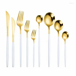 Servis upps￤ttningar hem vit guld middag set rostfritt st￥l bestick sked k￶k dessert kniv gaffel gablar Eco Friendly