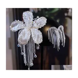 H￥rklipp Barrettes Korean Brud Crystal Flower Tassel Clip Earrings Set Wedding Headdress Senior Bridal Accessories Drop Deliver Dhkbo