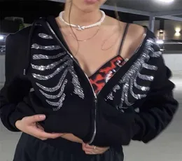 Mode kvinnliga hoodies y2k skelett zip up överdimensionerade tröjor goth grunge huvjackan blackpink 2201147031734