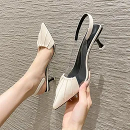 Dress Shoes 2023 Women's High-heeled Sandals Fairy Style Pleated Pointed Toe Transparent Side Stiletto Bag Back Empty